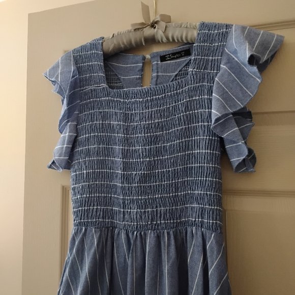 Simple Blue Striped Smocked Dress with Flutter Sleeves - Picture 5 of 6